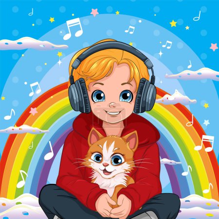 Illustration for Boy holding pet sitting on the floor listening to music with headset illustration - Royalty Free Image