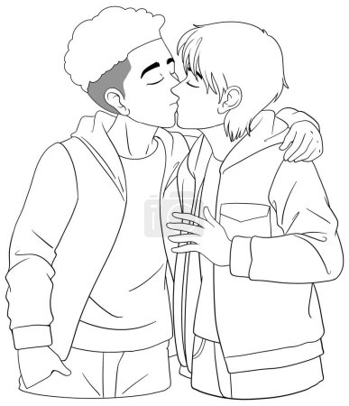 Illustration for Gay couple doodle outline kissing illustration - Royalty Free Image