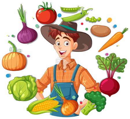 Illustration for Farmer Man Around with Vegetables and Fruits illustration - Royalty Free Image