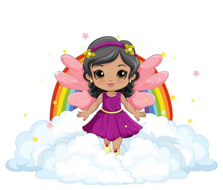 Téléchargez les illustrations : Fée fille debout sur le nuage avec Arc-en-ciel illustration de fond - en licence libre de droit