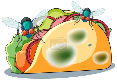 Ilustración de Comida de tacos en descomposición con ilustración de moscas y moho - Imagen libre de derechos