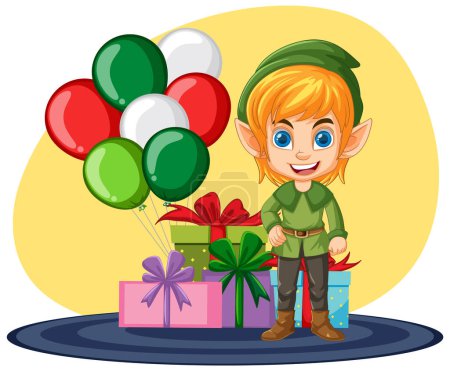Ilustración de Elfo con ilustración de regalo de Navidad - Imagen libre de derechos