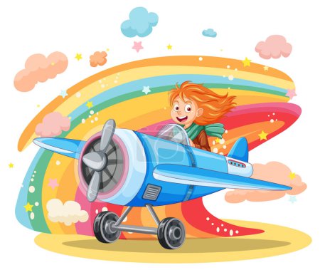 Girl pilot flying airplane with rainbow on the background illustration