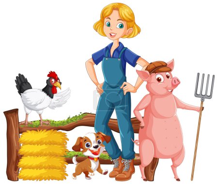 Ilustración de Chica de granja de dibujos animados con ilustración de animales de granja - Imagen libre de derechos