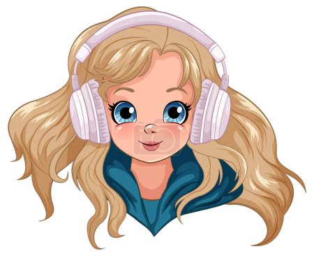 Illustration for Female youth wearing headset listening to music head illustration - Royalty Free Image