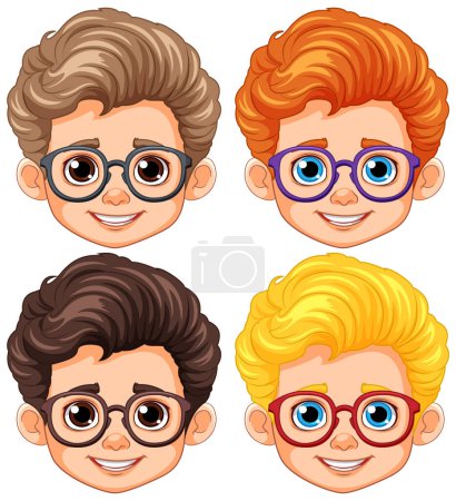 Illustration for Set of Different Boys wearing Glasses illustration - Royalty Free Image