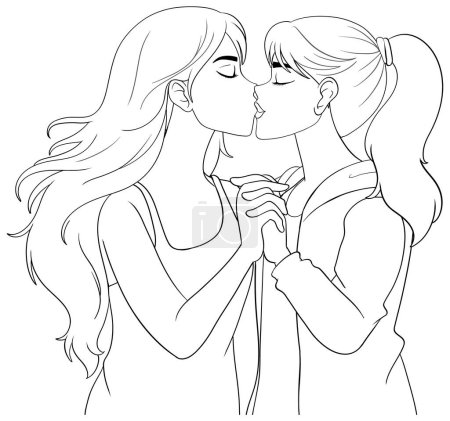 Lesbian couple kissing cartoon isolated illustration