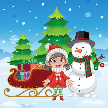 Illustration for Happy girl with snowman winter background illustration - Royalty Free Image