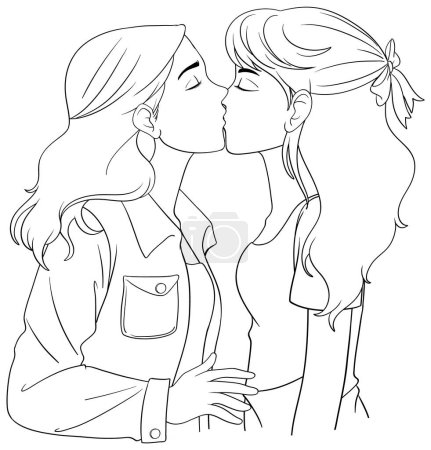 Ilustración de Pareja lesbiana dibujos animados besos esquema garabato ilustración - Imagen libre de derechos