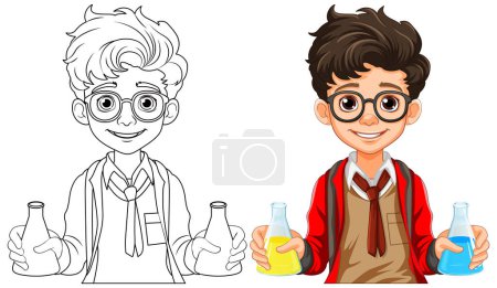 Illustration for Male student cartoon holding conical flask on science class experiment illustration - Royalty Free Image