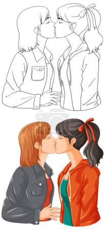 Téléchargez les illustrations : Un couple lesbien embrasse une illustration de contour de doodle - en licence libre de droit