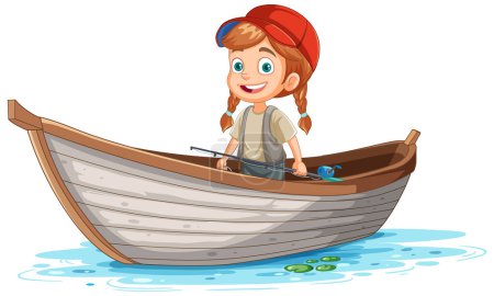 Téléchargez les illustrations : Enfant sur bateau en bois dans l'illustration de style dessin animé - en licence libre de droit