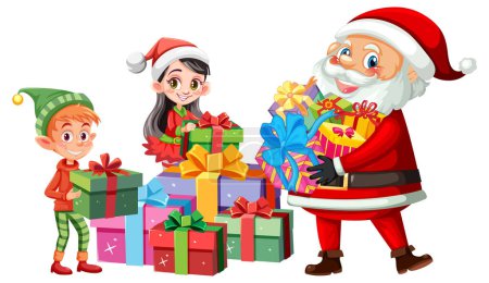 Téléchargez les illustrations : Père Noël et un elfe travaillent ensemble pour envelopper un cadeau de Noël festif - en licence libre de droit