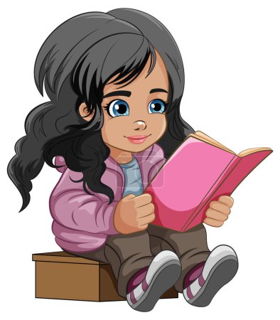 Téléchargez les illustrations : Fille lecture livre dessin animé illustration - en licence libre de droit