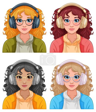 Illustration for Set of woman portrait wearing headset listening to music illustration - Royalty Free Image