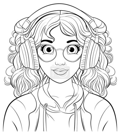 Illustration for Woman portrait wearing headset listening to music doodle illustration - Royalty Free Image