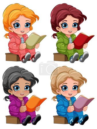 Illustration for Set of Girls Reading Books Cartoon Characters illustration - Royalty Free Image