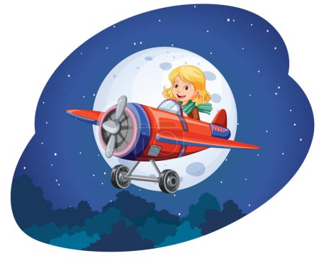 Ilustración de Chica feliz montando un avión por la noche ilustración - Imagen libre de derechos