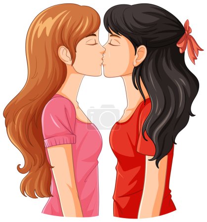 Illustration for Lesbian couple cartoon kissing illustration - Royalty Free Image