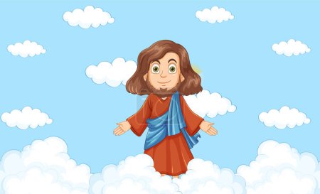 Illustration for Jesus is depicted with a halo in a cloudy sky background in a vector cartoon illustration style - Royalty Free Image