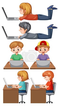 Illustration for Set of children using laptop illustration - Royalty Free Image