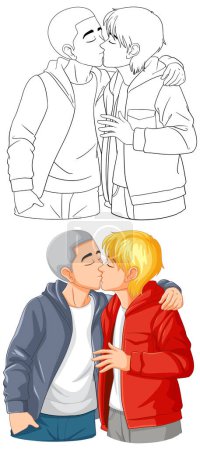 Illustration for Gay couple cartoon kissing doodle outline illustration - Royalty Free Image