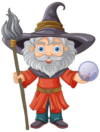 Téléchargez les illustrations : Vieux sorcier portant un chapeau avec une longue barbe tenant bâton illustration - en licence libre de droit
