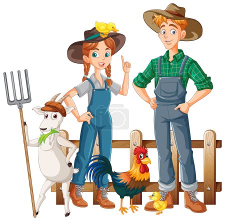 Ilustración de Dibujos animados de pareja de agricultores con ilustración de animales de granja - Imagen libre de derechos