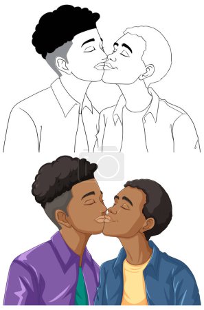 Ilustración de Africano gay pareja dibujos animados besos doodle contorno ilustración - Imagen libre de derechos