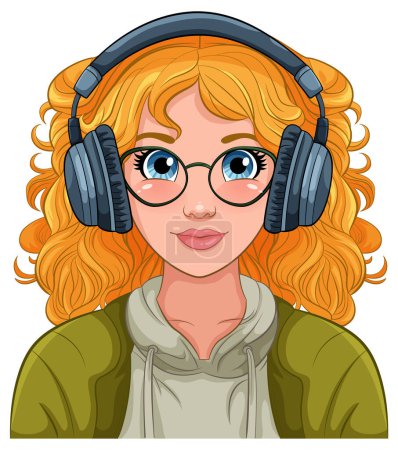 Illustration for Woman portrait wearing headset listening to music illustration - Royalty Free Image