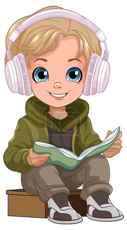Illustration for Boy reading a book and wearing headset illustration - Royalty Free Image