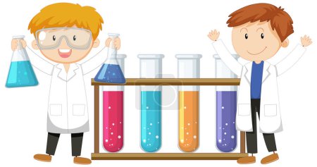 Illustration for Vector cartoon illustration of two male scientists wearing gowns and conducting experiments with test tubes - Royalty Free Image