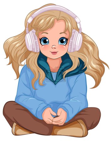 Illustration for Female youth wearing headset listening to music and sitting on the floor illustration - Royalty Free Image