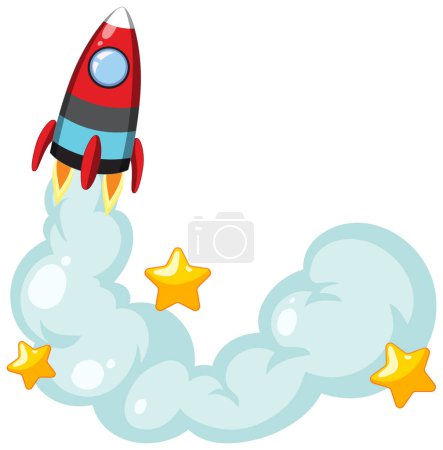 Ilustración de Una vibrante ilustración de dibujos animados vectoriales de un lanzamiento de cohetes con un icono de estrella - Imagen libre de derechos