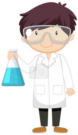Ilustración de Adorable científico masculino sosteniendo un frasco en estilo garabato - Imagen libre de derechos