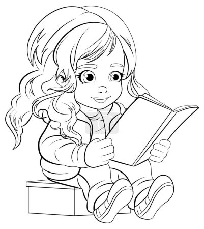 Illustration for Girl cartoon reading book isolated doodle outline illustration - Royalty Free Image