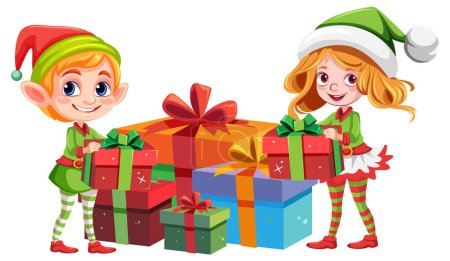 Téléchargez les illustrations : Une illustration de dessin animé d'un couple mignon vêtu de costumes d'elfe, entouré de nombreux cadeaux de Noël - en licence libre de droit