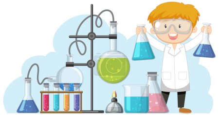 Ilustración de Adorable científico vistiendo bata de laboratorio con herramientas de experimento - Imagen libre de derechos