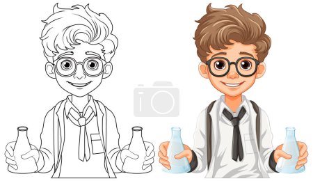 Illustration for Male student cartoon holding conical flask on science class experiment illustration - Royalty Free Image