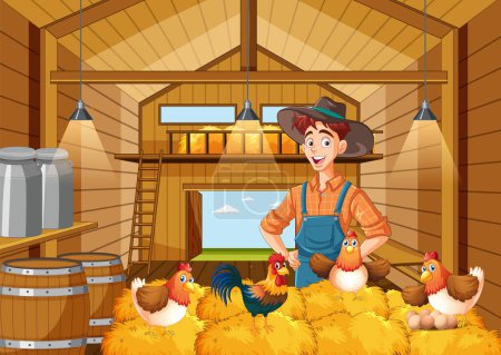 Téléchargez les illustrations : Scène d'intérieur de grange avec illustration de fermier et poulet - en licence libre de droit