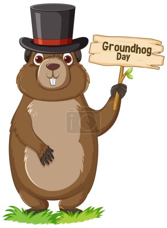 Una linda caricatura de marmota con una pancarta del Día de la Marmota