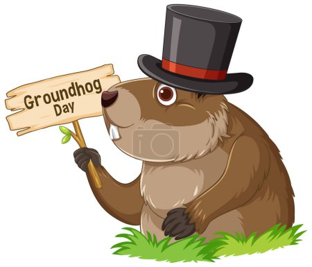 Téléchargez les illustrations : Un dessin animé mignon de marmotte avec une bannière festive de jour de marmotte - en licence libre de droit