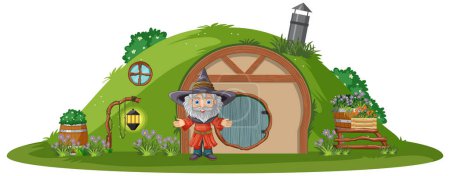 Téléchargez les illustrations : Magicien debout devant l'illustration de maison de hobbit - en licence libre de droit