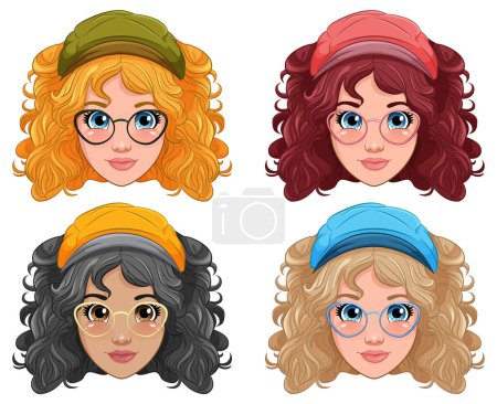 Illustration for Set of youth woman head wearing cap cartoon illustration - Royalty Free Image
