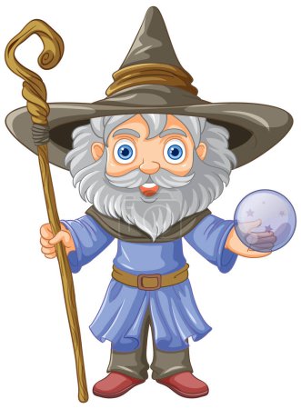 Ilustración de Viejo mago con un sombrero con una barba larga sosteniendo ilustración palo - Imagen libre de derechos