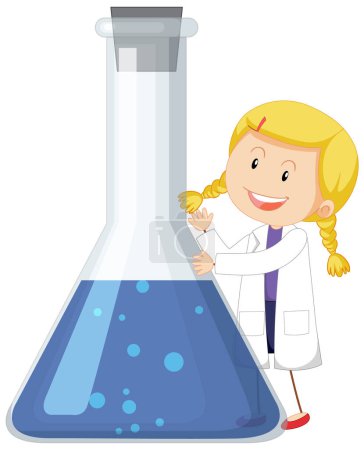 Téléchargez les illustrations : Adorable scientifique fille portant une robe avec fiole dans le style doodle - en licence libre de droit