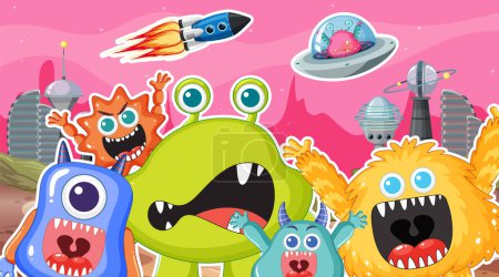 Téléchargez les illustrations : Un groupe d'adorables personnages de dessins animés extraterrestres s'amusent dans l'espace - en licence libre de droit