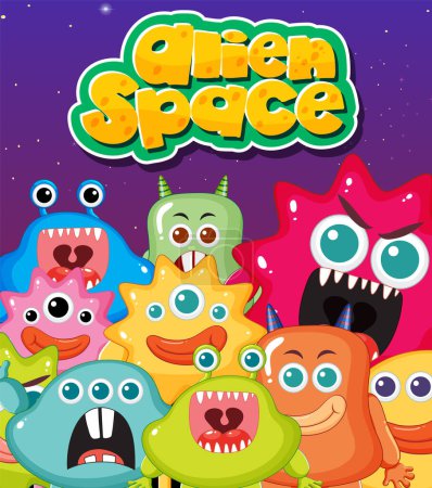 Ilustración de Un grupo de adorables monstruos alienígenas en varios colores - Imagen libre de derechos
