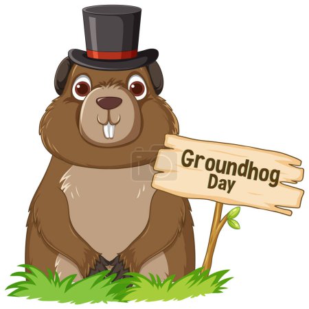 Illustration for A cute groundhog cartoon with a Groundhog Day banner - Royalty Free Image