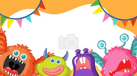 Ilustración de Un fondo de marco encantador con adorables amigos monstruos alienígenas de dibujos animados - Imagen libre de derechos